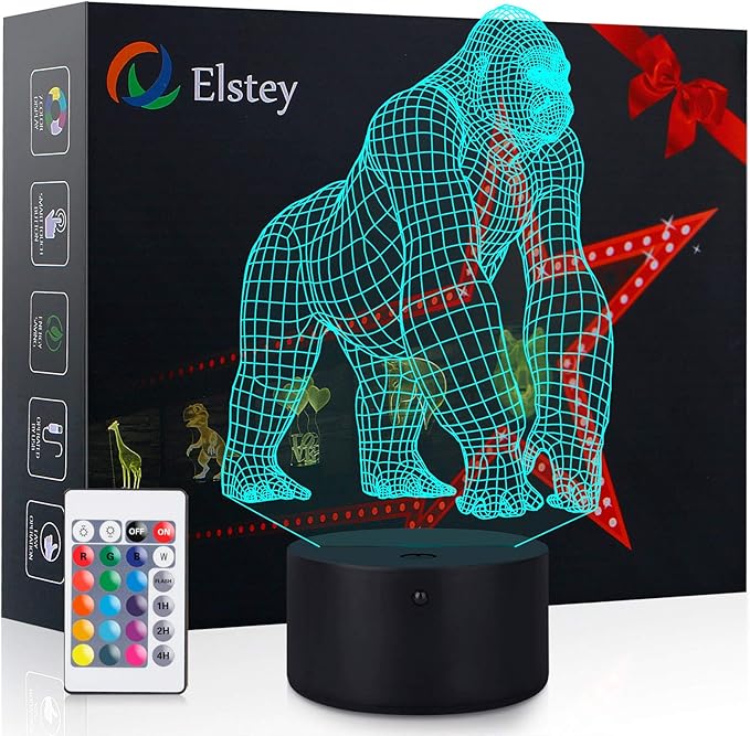 Elstey 3D Gorilla Lamp Mood Lamp 16 Color Nursery Night Lights Illusion Acrylic LED Table Bedside Lamp, Children Bedroom Desk Decor, Birthday Christmas Gift Cute Toy for Kids Adult - LeafyLoom