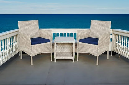 BTEXPERT Outdoor Wicker Conversation 3 Piece Bistro Set Garden Patio Yard Porch Furniture Space Saving Pe Rattan 2 Chairs Cushions Side Storage Glass Table Stone Gray/Navy Blue 3pc - LeafyLoom