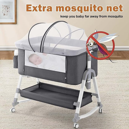 4 in 1 Baby Bassinet,Easy Folding Portable Bedside Crib with Comfy Mattress and Wheels,Height Adjustable Bassinet with Mosquito net Included,Grey - LeafyLoom