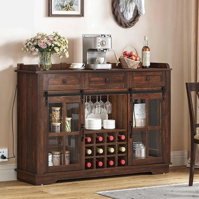 DWVO Farmhouse Coffee Bar Cabinet with Sliding Door and Drawers, 53" Kitchen Sideboard Buffet Cabinet, Home Bar Cabinet with Wine Rack for Kitchen Living Room, 3 Drawers Storage Cabinet, Brown Oak - LeafyLoom