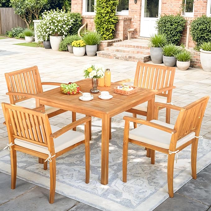 Greesum 5 Piece Patio Dining Set Outdoor Solid Wood Furniture for Yard, Garden, Porch w/Square Tabletop & 4 Chairs, White - LeafyLoom