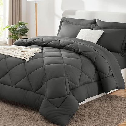 CozyLux Queen Bed in a Bag 7-Pieces Comforter Sets with Comforter and Sheets Dark Grey All Season Bedding Sets with Comforter, Pillow Shams, Flat Sheet, Fitted Sheet and Pillowcases - LeafyLoom