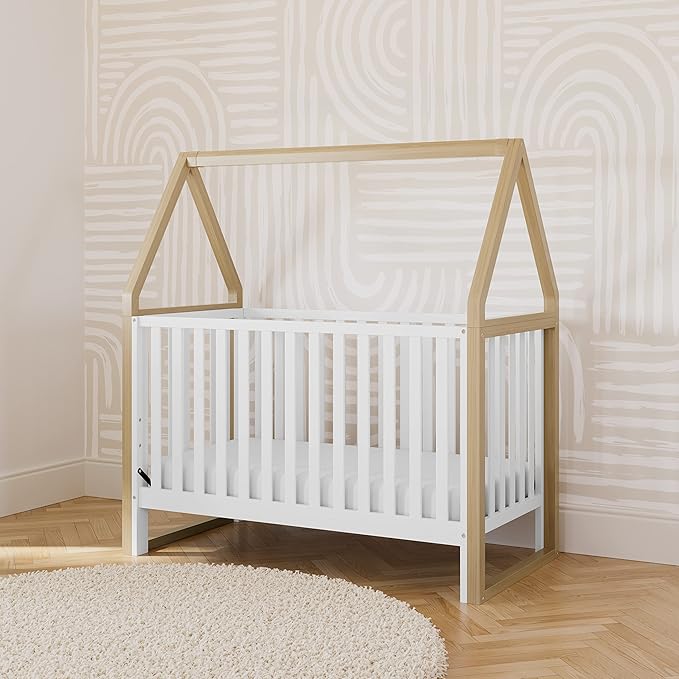 Storkcraft Orchard 5-in-1 Convertible Crib (White with Driftwood) – GREENGUARD Gold Certified, Canopy Style Baby Crib, Converts from Crib to Toddler Bed, Daybed and Full-Size Bed - LeafyLoom