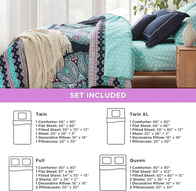 Degrees of Comfort Queen Bed Set, Boho Mandala Comforter Sets with Sheets,Blue Microfibe Bed in A Bag with Side Pockets, Matching Decorative Pillow, 8 Piece Navy - LeafyLoom