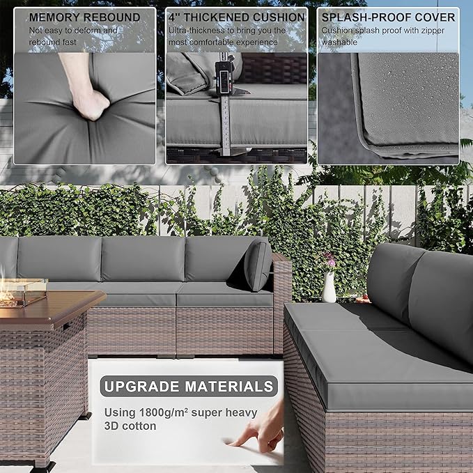 Kullavik 13 Pieces Outdoor Patio Furniture Set with 43" 55000BTU Gas Propane Fire Pit Table PE Wicker Rattan Sectional Sofa Patio Conversation Sets,Grey - LeafyLoom