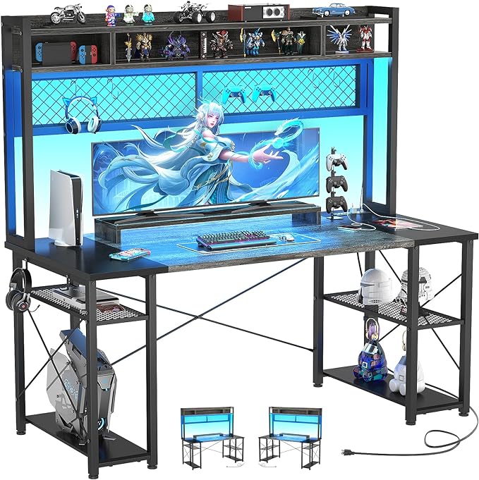 armocity 2024 Upgrade Gaming Desk with Hutch, 55.2'' Magic Computer Desk with LED and Outlets, Reversible Workstation Desk with Pegboard, Grey/Black - LeafyLoom