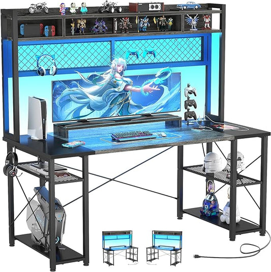 armocity 2024 Upgrade Gaming Desk with Hutch, 55.2'' Magic Computer Desk with LED and Outlets, Reversible Workstation Desk with Pegboard, Grey/Black - LeafyLoom