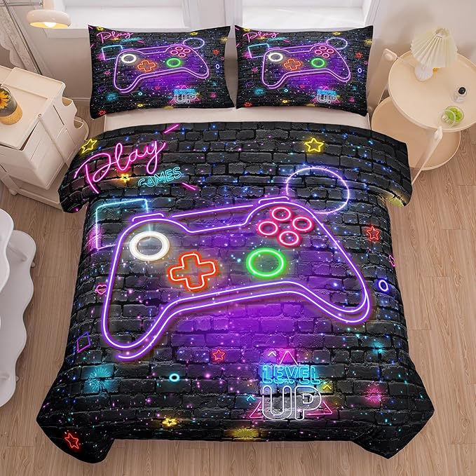 NINENINE Gaming Bedding Sets for Boys,6PCS Queen Size for Boys,Gamer Comforter Kids Teens Bedding Comforter Sheet Set(1Comforter,1Flat Sheet,1Fitted Sheet,1Cushion Cover,2Pillowcases)… - LeafyLoom