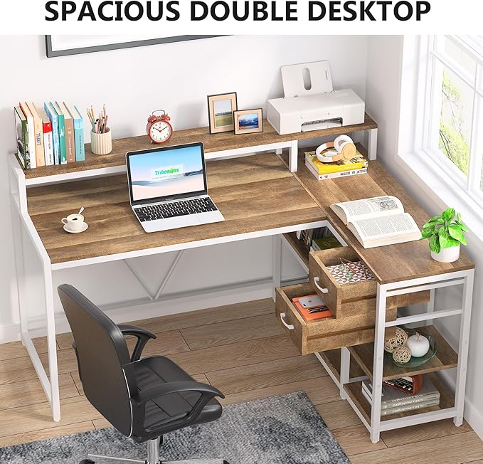 Reversible L-Shaped Computer Desk with hutch & Shelf,white - LeafyLoom