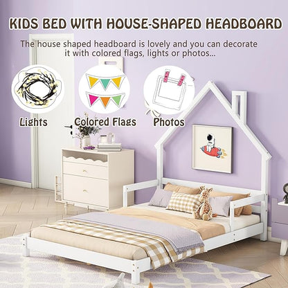 Full Size Bed Frame for Kids,House-Shaped Headboard Kids Bed,Girls Bed with Handrails,Low Platform Bed for Boys Girls,No Box Spring Needed(White) - LeafyLoom