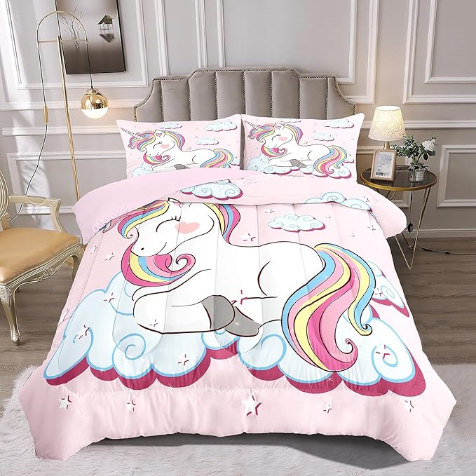 Kids Comforter Bedding Set Twin Size, 3 Piece Super Soft Breathable Print Kids Bedding Sets for Girls, Machine Washable Durable Comforter Set with Comforter and 2 Pillowcases (Twin, Pink Unicorn) - LeafyLoom