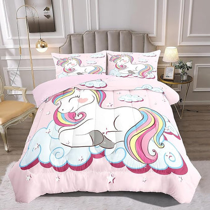 Kids Comforter Bedding Set Twin Size, 3 Piece Super Soft Breathable Print Kids Bedding Sets for Girls, Machine Washable Durable Comforter Set with Comforter and 2 Pillowcases (Twin, Pink Unicorn) - LeafyLoom