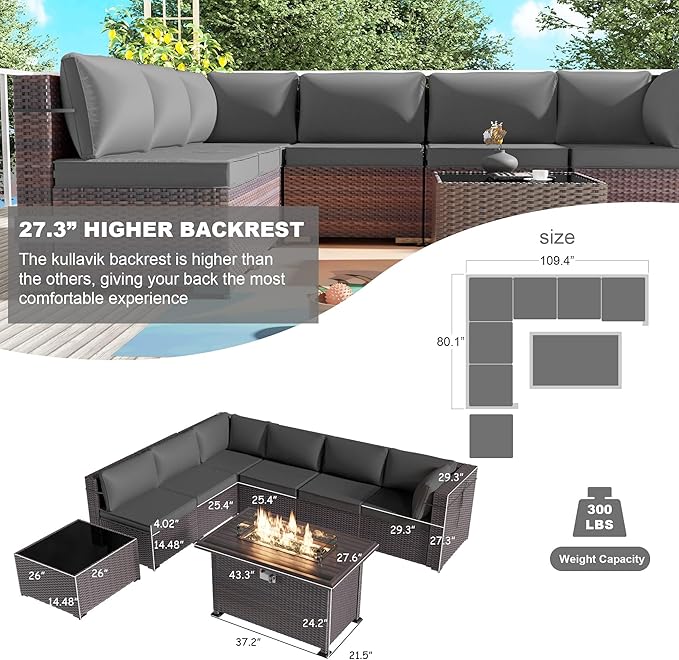 Kullavik 8 Pieces Outdoor Patio Furniture Set with 43" Gas Propane Fire Pit Table PE Wicker Rattan Sectional Sofa Patio Conversation Sets,Grey - LeafyLoom