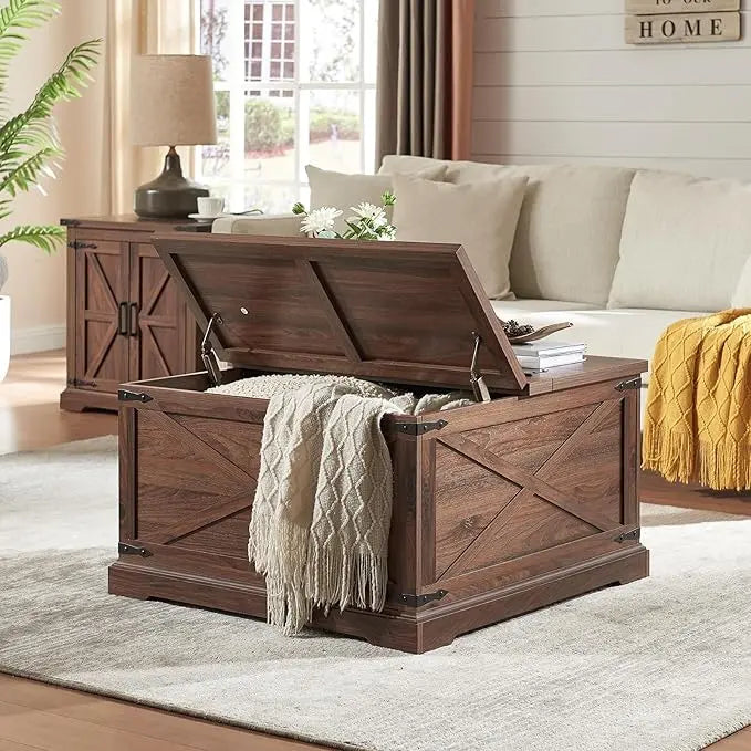 Farmhouse Square Coffee Table with Storage, Wood Center Table with Hinged Lift Top, Rustic Cocktail Table with Large Hidden Storage Compartment for Living Room, Bedroom,Brown - LeafyLoom