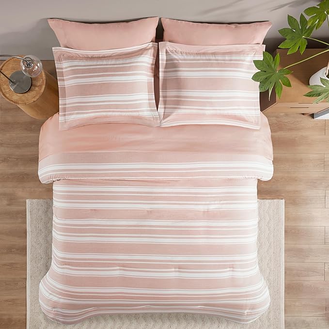 Codi Bed in a Bag Twin Size Complete Set, Pink and White Striped Single Comforter Set 5 Piece for Teen Girls, Modern Neutral Cationic Dyeing Bed Sets with Comforter, Sheets, Pillowcases & Shams - LeafyLoom