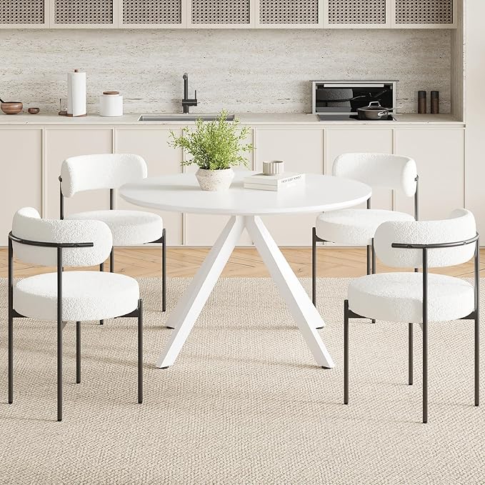 Farini White Dining Table for 4-6 Person,47" Round Wooden Dining Tabletop and Metal Frame for Home Kitchen Dining Desk (47 inch,120cm) - LeafyLoom