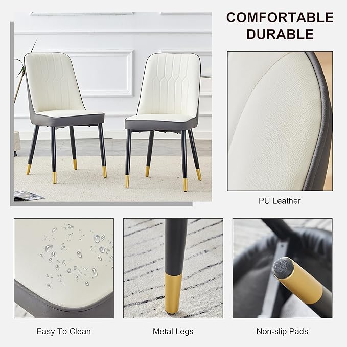 Modern Set of 2, Faux Leather Dining PU Upholstered Kitchen Chair with Black Golden Metal Legs for Home Living Room, Restaurant, 2 Piece, White+gray - LeafyLoom