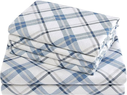 Comfort Spaces Cotton Flannel Breathable Warm Deep Pocket Sheets with Pillow Case Bedding, Cal King, Blue Plaid 4 Piece - LeafyLoom