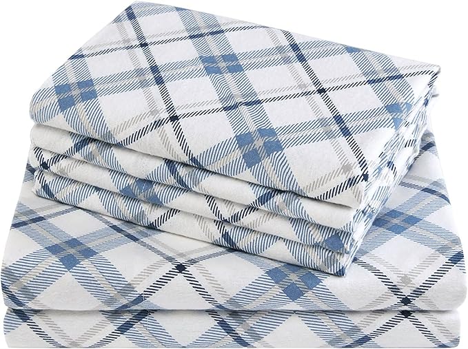 Comfort Spaces Cotton Flannel Breathable Warm Deep Pocket Sheets With Pillow Case Bedding, Twin, Plaid Blue, 3 Piece - LeafyLoom