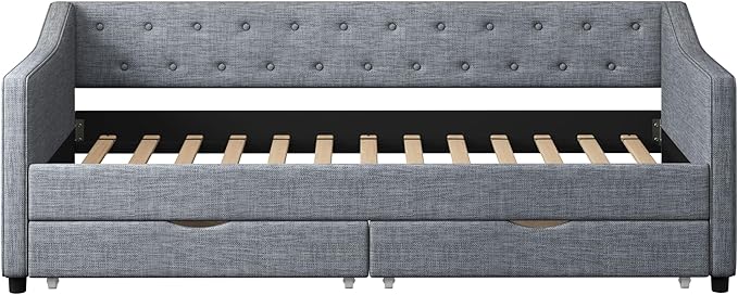 Twin Size Daybed with 2 Drawers, Upholstered Tufted Sofa Bed with Button on Back and Piping on Waved Shape Arms for Bedroom, Apartment, Living Room, Wooden Slats Support, Light Grey - LeafyLoom