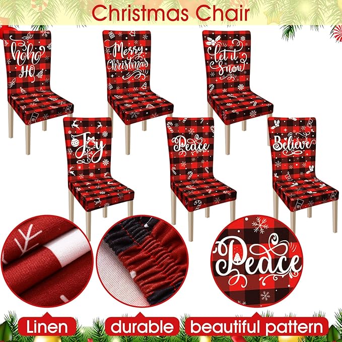 Ganeen 6 Pcs Christmas Chair Covers Merry Christmas Chair Back Cover Stretch Christmas Seat Cover Washable Xmas Dining Chair Protector Slipcover for Dining Room Kitchen Holiday Party(Plaid Style) Ganeen