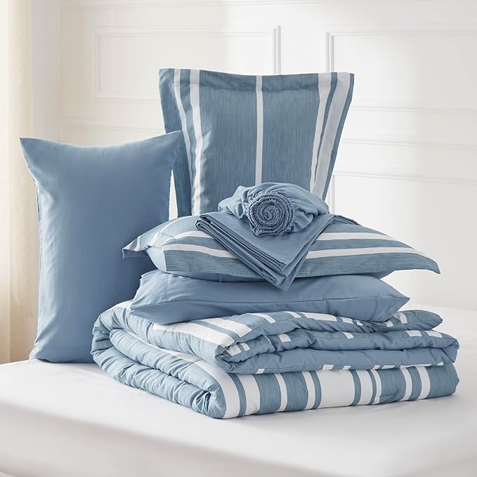 Bedsure Full Size Bed Sets 7 Pieces - Blue Striped Beddubg All Season Comforter Set, Bed in a Bag with 1 Comforter, 2 Sheets, 2 Pillowcases & 2 Shams - LeafyLoom