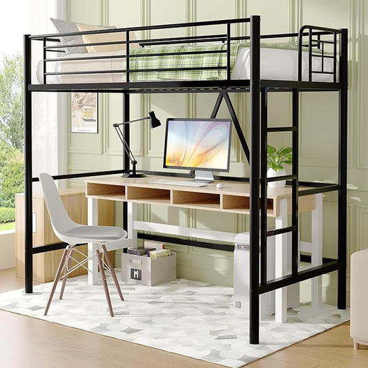 VECELO Metal Loft Bed Twin Size, Heavy Duty Bedframe with Removable Ladder and Safety Guardrail, Space-Saving, Noise Free, No Box Spring Needed, Black - LeafyLoom