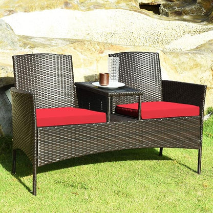 LUARANE Outdoor Rattan Sofas, Contract Patio Conversation Set Wicker Sofa Set with Built-in Coffee Table, Patio Furniture Set with Cushions, Rattan Loveseat for Lawn Backyard Garden (Brown+Red) - LeafyLoom