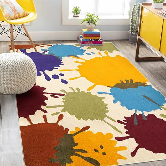 Colorful Area Rug, 5'x7' Classroom Rug for Kids, Paint Splash Washable Rug for Playroom, Non-Slip Rainbow Nursery Rug Soft Living Room Carpet for Bedroom Dining Room Kids Room - LeafyLoom