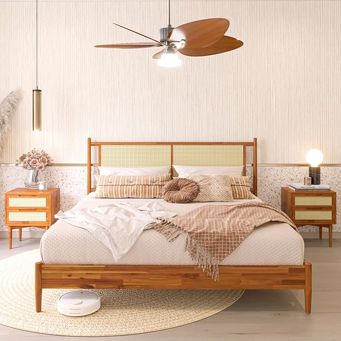 Bme Oliver King Bed Frame and Headboard - 15-Inch Signature Design with Rattan Headboard, Bohemian and Mid Century Style, 12-Slat Wood Support, No Box Spring Needed - Easy Assembly, Caramel - LeafyLoom