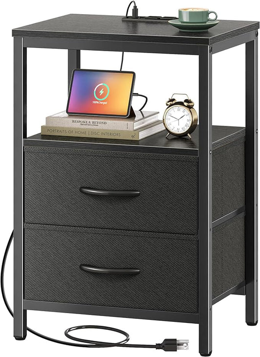 Nightstand with Charging Station, Side Table with Fabric Drawers, End Table with Open Shelf, Bedside Table with USB Ports and Outlets, Night Stand for Bedroom, Black - LeafyLoom