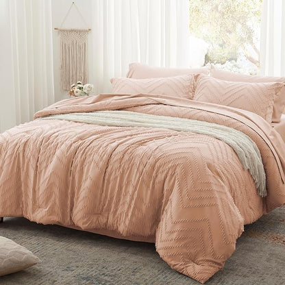 Anluoer Twin Comforter Set, Pink Tufted Bed in a Bag 5 Pieces with comforters and sheets, All Season Bedding Sets with 1 Comforter, 1 PillowShams, 1 Pillowcases, 1 Flat Sheet, 1 Fitted Sheet - LeafyLoom