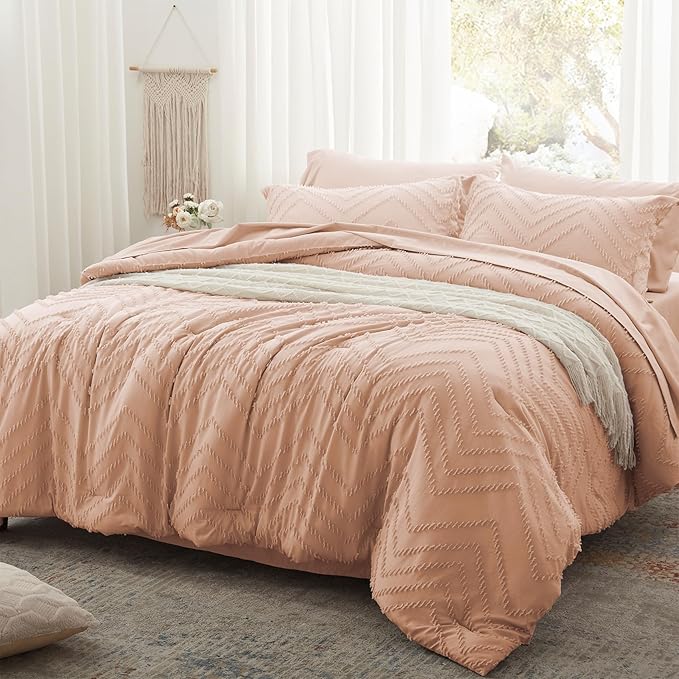 Anluoer Full Comforter Set, Pink Tufted Bed in a Bag 7 Pieces with comforters and sheets, All Season Bedding Sets with 1 Comforter, 2 PillowShams, 2 Pillowcases, 1 Flat Sheet, 1 Fitted Sheet - LeafyLoom