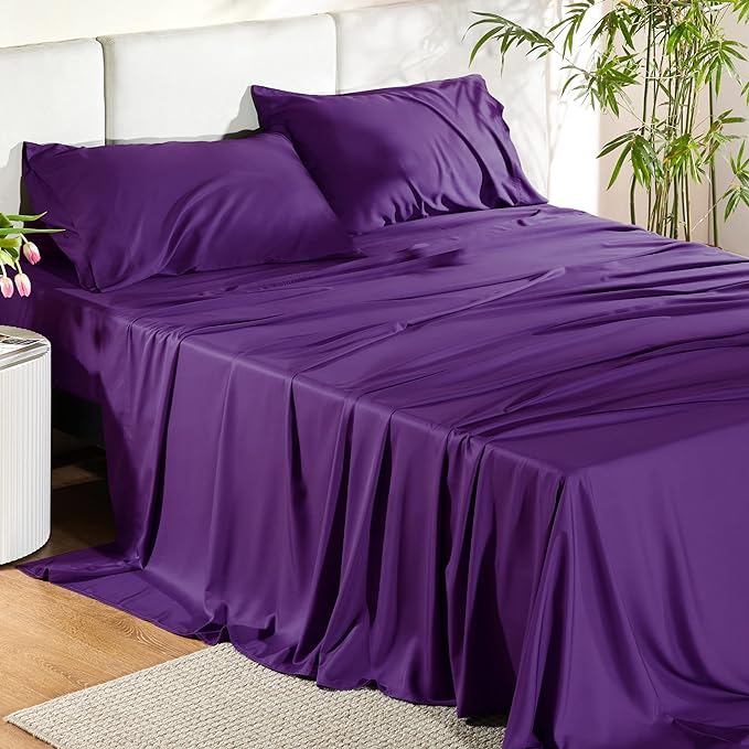 Bedsure Full Size Sheets, Cooling Sheets Full, Rayon Derived from Bamboo, Deep Pocket Up to 16", Breathable & Soft Bed Sheets, Hotel Luxury Silky Bedding Sheets & Pillowcases, Plum - LeafyLoom