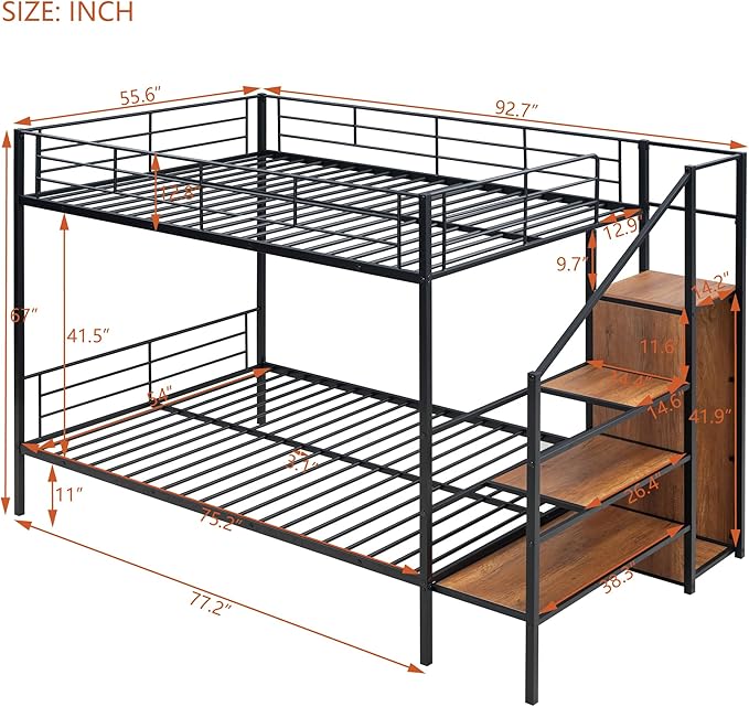 Full Over Full Metal Bunk Bed Frame with Lateral Storage Ladder & Wardrobe,Heavy-Duty Steel Frame Bunk Bed with Safety Guard Rails, for Kids Teens Adults, No Box Spring Needed - LeafyLoom