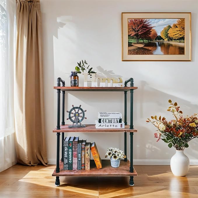 3 Tier Industrial Pipe Bookcase, Rustic Farmhouse Bookshelf with Solid Wood for Living Room, Kitchen, Office - LeafyLoom