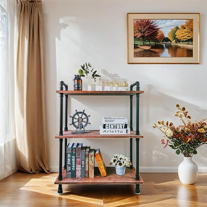 3 Tier Industrial Pipe Bookcase, Rustic Farmhouse Bookshelf with Solid Wood for Living Room, Kitchen, Office - LeafyLoom