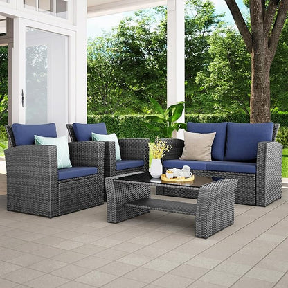 Wisteria Lane 4 Piece Outdoor Patio Furniture Sets, Wicker Conversation Set for Porch Deck, Grey Rattan Sofa Chair with Cushion （Blue - LeafyLoom