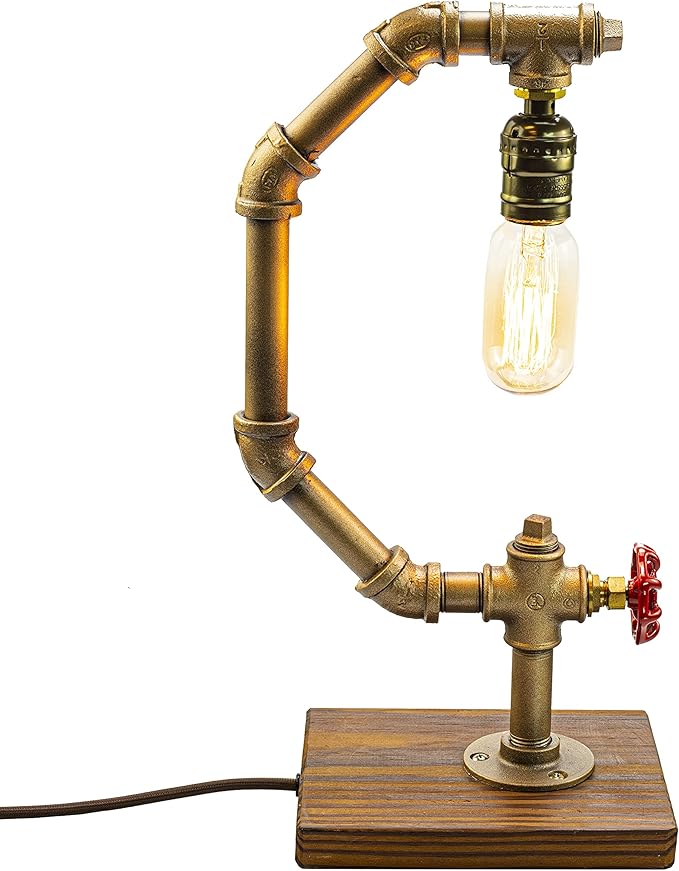 Steampunk Lamp with Dimmer, Dimmable Loft Style Industrial Vintage Antique Style Light with Bulb, Wood Base with Iron Piping Desk Lamp, Retro Desk Lamp LL-032 - LeafyLoom