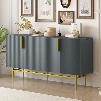 60" Modern 4-Door Elegant Sideboard with Gold Metal Handles and Legs,Storage Buffet Cabinet,W/Adjustable Shelves & Open Countertop,Console Table for Dining Living Room Hallway,Gray - LeafyLoom