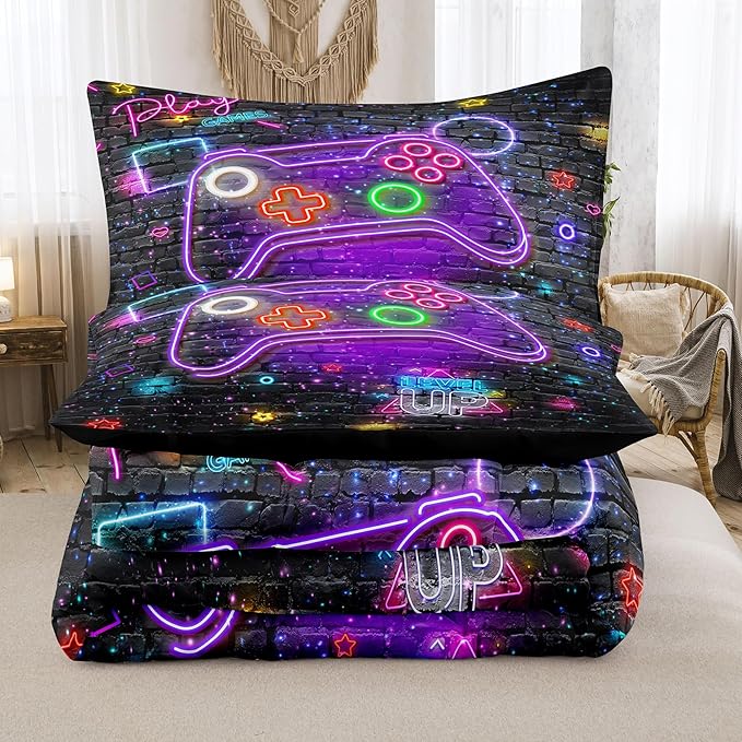 NINENINE Gaming Bedding Sets for Boys,6PCS Queen Size for Boys,Gamer Comforter Kids Teens Bedding Comforter Sheet Set(1Comforter,1Flat Sheet,1Fitted Sheet,1Cushion Cover,2Pillowcases)… - LeafyLoom