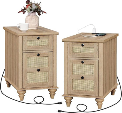 WAMPAT End Tables with Charging Station Set of 2, Rattan Side Table Farmhouse Nightstand with Drawer & Cabinet, Wooden Bedside Table with Power Outlets & USB Ports for Bedroom & Living Room, Burlywood - LeafyLoom