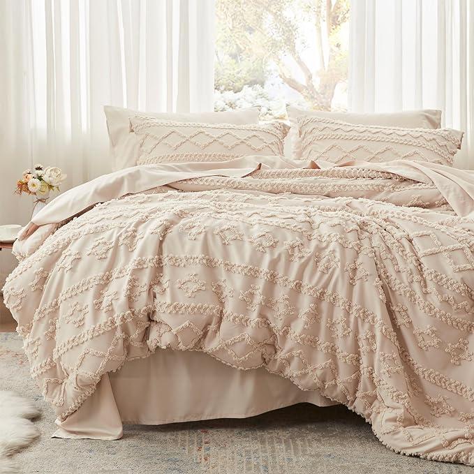 Anluoer Full Comforter Set 7 Pieces, Beige Tufted Bed in a Bag with comforters and sheets, All Season Bedding Sets with 1 Comforter, 2 PillowShams, 2 Pillowcases, 1 Flat Sheet, 1 Fitted Sheet - LeafyLoom