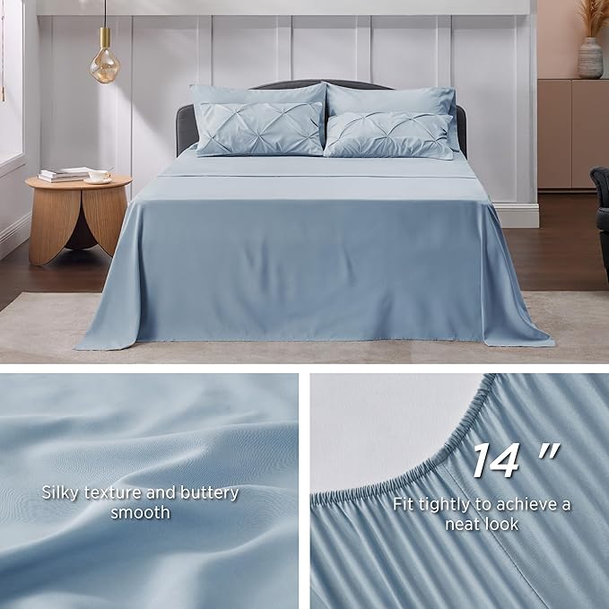 Bedsure Blue Comforter Set Queen - Bed in a Bag Queen 7 Pieces, Pintuck Bedding Sets Light Blue Bed Set with Comforter, Sheets, Pillowcases & Shams - LeafyLoom