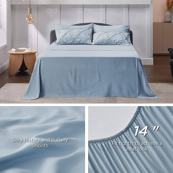 Bedsure Blue Comforter Set Queen - Bed in a Bag Queen 7 Pieces, Pintuck Bedding Sets Light Blue Bed Set with Comforter, Sheets, Pillowcases & Shams - LeafyLoom