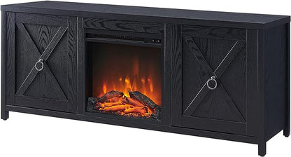 Henn&Hart Rectangular TV Stand with Log Fireplace for TV's up to 65" in Black, Electric Fireplace TV Stands for the Living Room - LeafyLoom