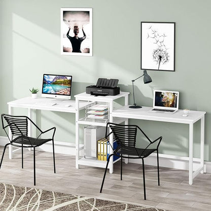 Tribesigns 96.9" Double Computer Desk with Printer Shelf, Extra Long Two Person Desk Workstation with Storage Shelves, Large Office Desk Study Writing Table for Home Office, White - LeafyLoom