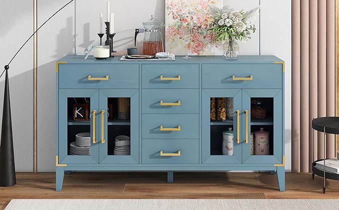 60" Retro Sideboard with 6-Drawer and 2-Cabinet,Multifunctional Buffet,w/Gold Handles & Solid Wood Legs,Extra Large Storage Space,for Kitchen and Living Room,Antique Blue - LeafyLoom