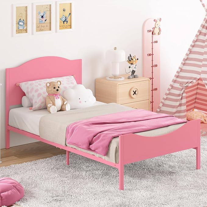 Timy Pink Kids Twin Bed Frame with Wooden Headboard and Footboard, Metal Platform Bed Frame for Boys Girls Teens Adults, Modern Kids Bed Furniture, No Box Spring Needed - LeafyLoom