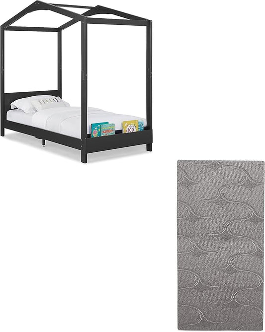 Delta Children Poppy House Twin Bed, Midnight Grey Snooze 6 inch Memory Foam Twin Mattress (Bundle) - LeafyLoom